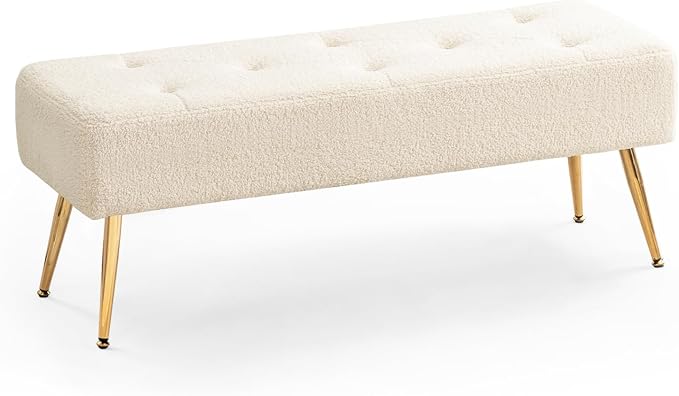 Furnimart Faux Fur Boho Bench Ottoman Upholstered Tufted Bench with Padded Seat, Footrest Foot Stool with Sturdy Metal Leg, for Bedroom Living Room Entryway by FurnimartFurniture