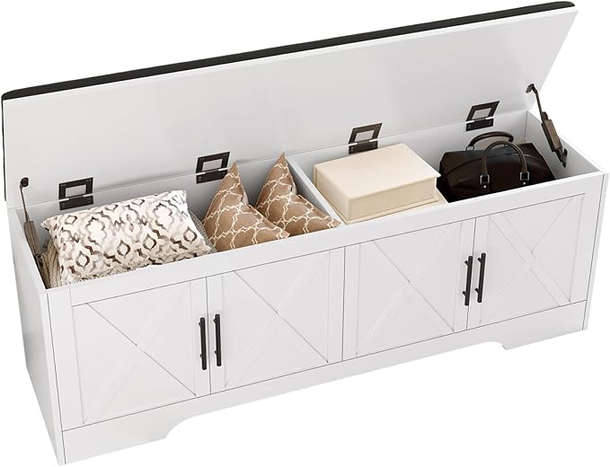 DreamDashio Farmhouse Storage Bench with Lift Top Storage, 47.2" Entryway Bench with Cushioned Seat, End of Bed Bench, Wooden Storage Chest Trunks, for Entryway, Bedroom, Living Room,White - Image 8