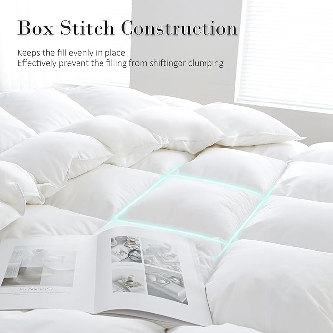 SHOUREN White Luxurious Goose Feather Down Fiber Comforter, All Season Hotel Collection Bed Comforter，Ultra Soft 100% Cotton Duvet Insert with Corner Tabs, Queen Size 90"X90"