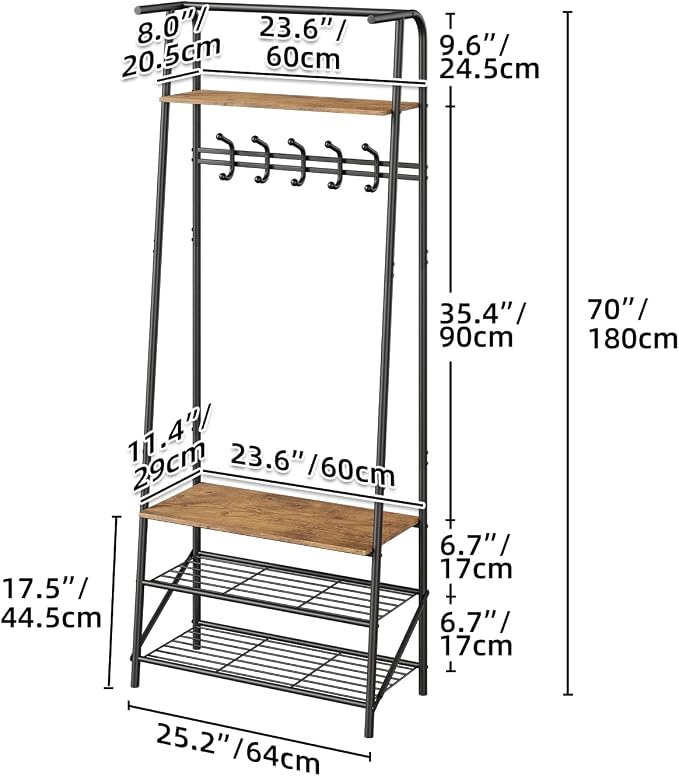 IDEALHOUSE Coat Rack Shoe Bench with 5 Hooks, Hall Trees Entryway Bench with Storage, Multifunctional Hallway Organizer, Wood Look Accent Furniture with Metal Frame for Entryway, Living Room, Bedroom - Image 3