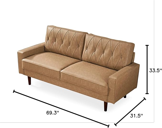 Container Furniture Modern Style Faux Leather Sofa with Elegant Round Tapered Legs and Button Tufted Backrest Perfect for Living Room, Bedroom or Home Office, 69.3’’ Wide, Camel