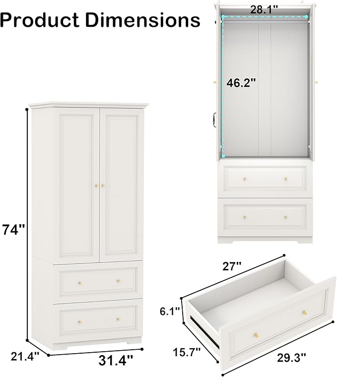 White Armoire Wardrobe Closet with Drawers: Wardrobe Closet for Hanging Clothes, Modern Bedroom Armoires with Hanging Rod, Wardrobes Closets with Doors and Shelves (White, 31.5")