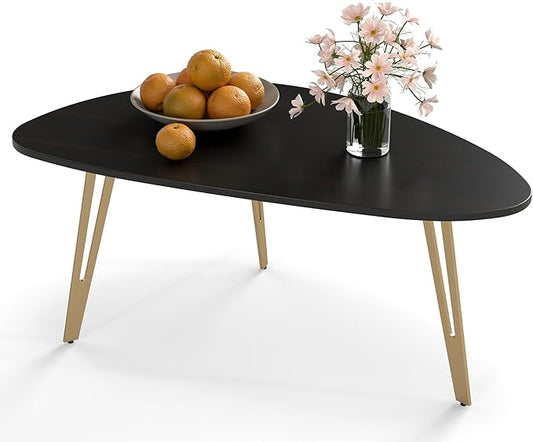 Manora Simple Dark Brown Oval Wood Coffee Table with Gold Legs, Modern Tea Table for Living Room or Office, Cute Small Center Table for Compact Space