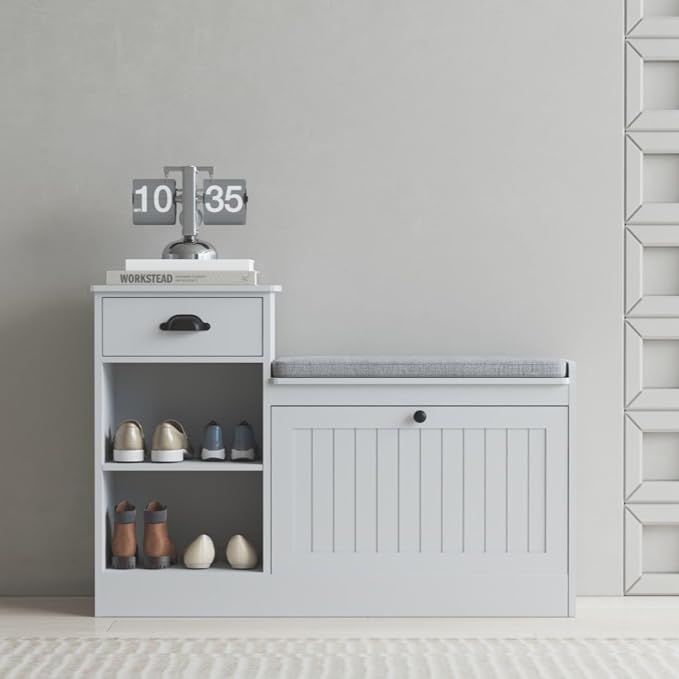 Shoe Storage Bench, Modern Wooden Shoe Cabinet with Flip Drawer and Adjustable Shelf, Entry Way Bench with Padded Seat Cushion for Entryway, Hallway, Living Room,Pebble Grey - Image 6
