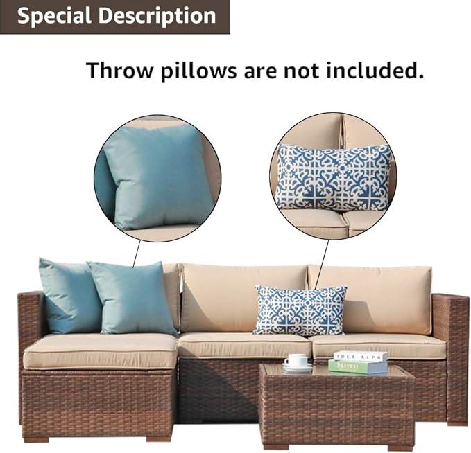 Patiorama 5 Piece Outdoor Patio Furniture Set, Outdoor Sectional Conversation Set, All-Weather Brown PE Wicker w/Beige Cushions, Outdoor Backyard Porch Garden Poolside Balcony Furniture Set