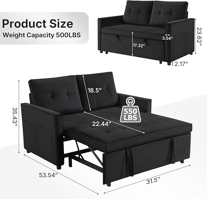 Rovibek 3-in-1 Velvet Sleeper Sofa Bed, Convertible Pull Out Couch for Living Room with Adjustable Backrest, Side Pockets, Velvet Fabric Loveseat Sofa for Apartment, Black