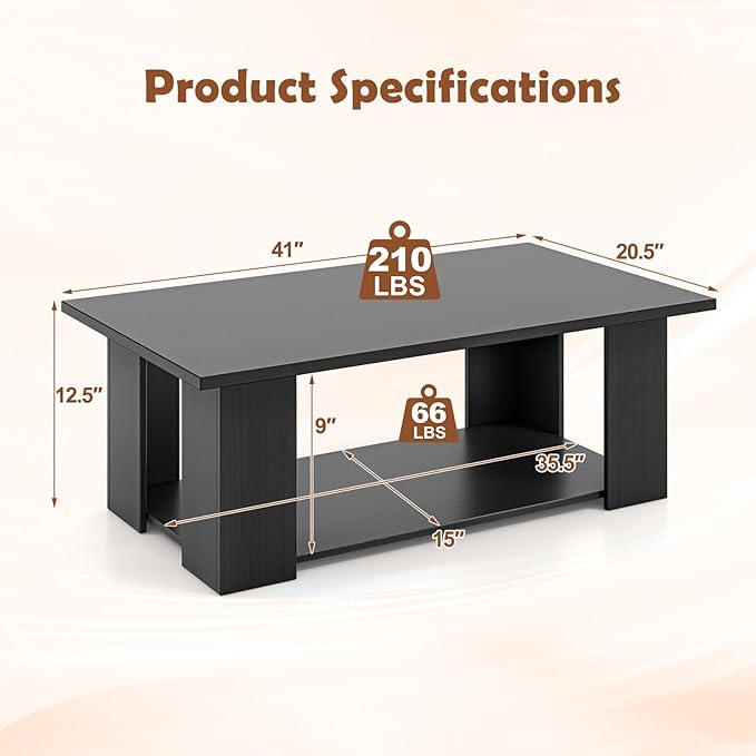 Giantex Rectangle Wood Center Table, 41 Inch 2-Tier Large Modern Tea Table w/Open Compartment, Easy Assembly, Accent Coffee Table for Living Room, Reception Room, Black