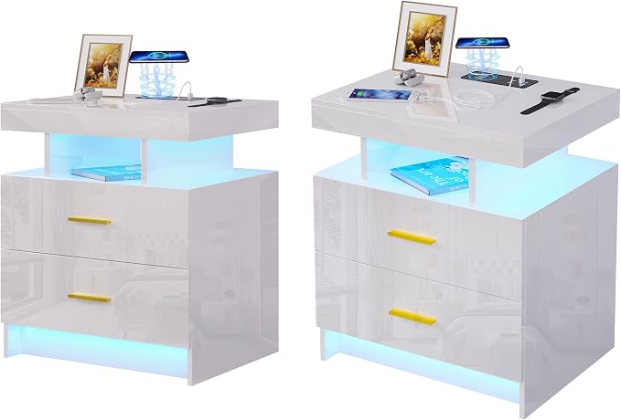 HNEBC Auto LED Nightstands Set of 2,Modern Bedside Table with USB Ports & Wireless Charging Station,High Gloss Bedside Tables with 2 Drawers,Nightstands for Bedrooms/Living Room (White) by HNEBC