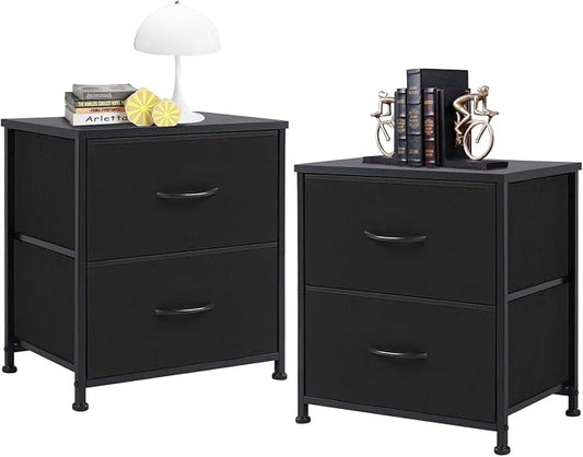 Night Stand Set of 2, Wide NightStands with 2 Drawers, Mid Century Small Nightstand with Adjustable Feets, Portable Bedside Table Set for Living Room, Entryway, Bed Room, Black (2PCS) by Unknown