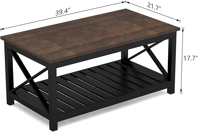 ChooChoo Coffee Table, Rustic Vintage Farmhouse Living Room Table with Shelf, 40 Black