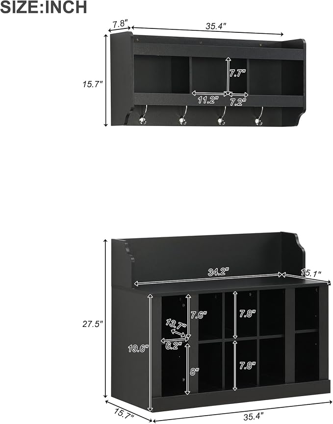 Shoe Storage Bench with Shelves and 4 Hooks, Entryway Hall Tree with Shoe Cabinets with Coat Rack - Image 2