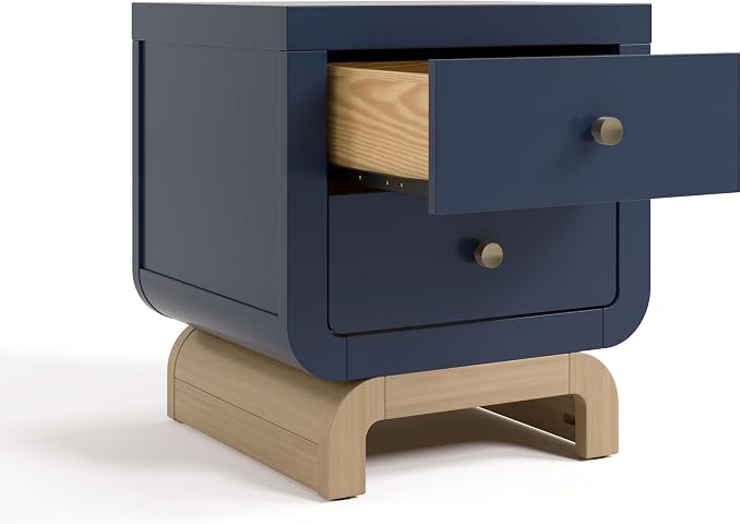 Storkcraft Santorini 2 Drawer Nightstand (Midnight Blue & Driftwood) - GREENGUARD Gold Certified Nightstand for Kids Bedroom, Premium Wood with Curved Base, “Champagne” Metal Knobs - Image 9