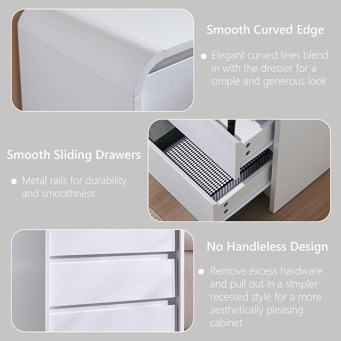 Aitjunz 25" Tall Modern Nightstand with Charging Station, 23.6'' Wide Wood Bedside Table w/3 Storage Drawers, Small Dresser w/Curved Profile Design, End Table for Bedroom, White - Image 5