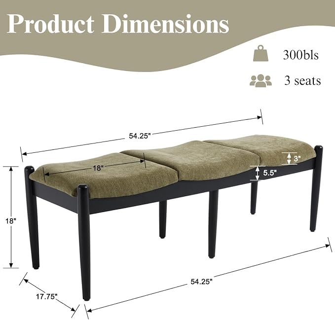 DUOMAY 55'' Modern Ottoman Bench, Chenille Upholstered Entryway Bench Bedroom Bench with Wood Legs, End of Bed Bench for Bedroom, Living Room, Corners, Kitchen, Green - Image 2
