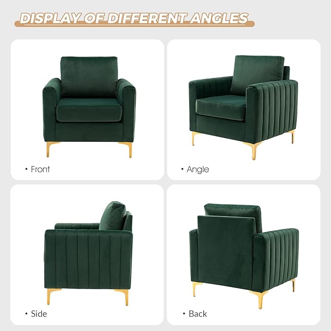 HULALA HOME Velvet Accent Club Chair, Modern Velvet Armchair Upholstered Accent Club Sofa Chair with Gold Metal Legs Mid-Century Barrel Leisure Comfy Reading Armchair, Green