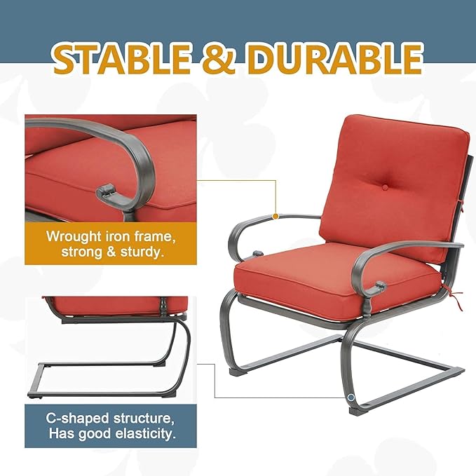 SOLAURA 5-Piece Patio Furniture Conversation Sets with Wrought Iron Loveseat and Spring Chairs（Red）
