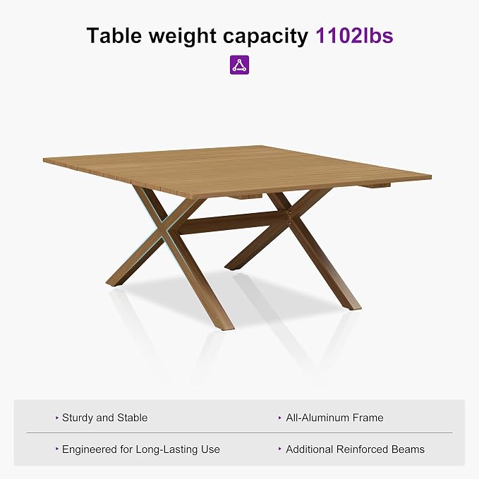 PURPLE LEAF Outdoor Dining Set for 8 All-Weather Aluminum 9 Piece Furniture Sets with Woodgrain Large Square Table and Rope Weave Chairs Included Cushions for Backyard Indoor Patio Set Teak Color - Image 4