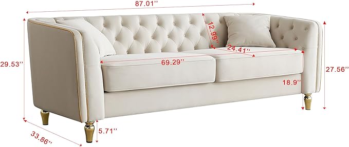 KEIKI 87" Chesterfield Velvet Button Tufted Sofa with High Density Foam Cushions, Modern Style 3-Seater Couch with Gold Strip Trim Decoration, Easy Assembly, for Apartment, Living Room, Office, Beige