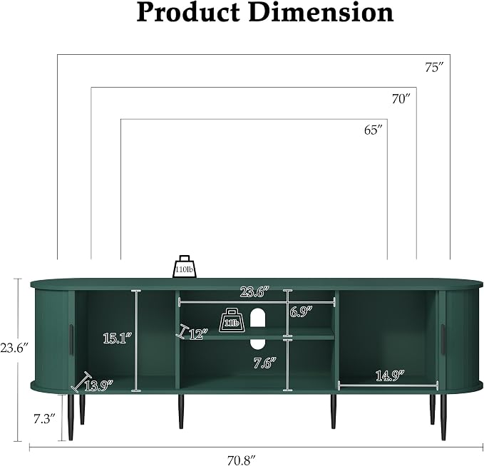 ARTPOWER 70" Modern TV Stand with Tambour Door for TVs up to 80", Entertainment Center with Storage, Fluted Television Consoles for Home, Living Room, Green - Image 7