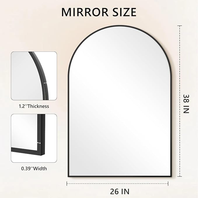 Arched Bathroom Mirror for Wall, 38" x 26" Black Metal Frame Vanity Mirror, HD Glass Over Sink for Bathroom, Entryway, Bedroom - Image 6