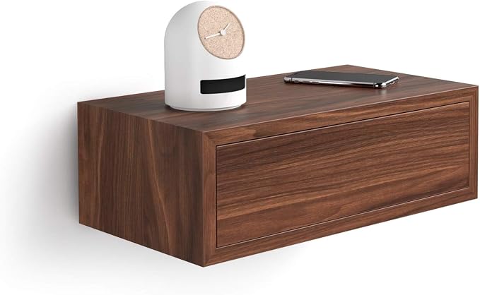 Mobili Fiver, Riccardo Floating nightstand, Walnut, 17.7" x 9.8" x 6.1 ", Melamine-Finished, Modern Bedside Table, End Table, Italian Furniture by MobiliFiver