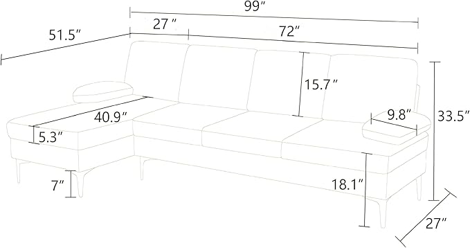 Modern L-Shaped Sectional Sofa with Gold Legs, Apartment Sectional Couch with Left Facing Chaise, 4 Seater Fluffy Couch, 99 Inch Furniture, Beige