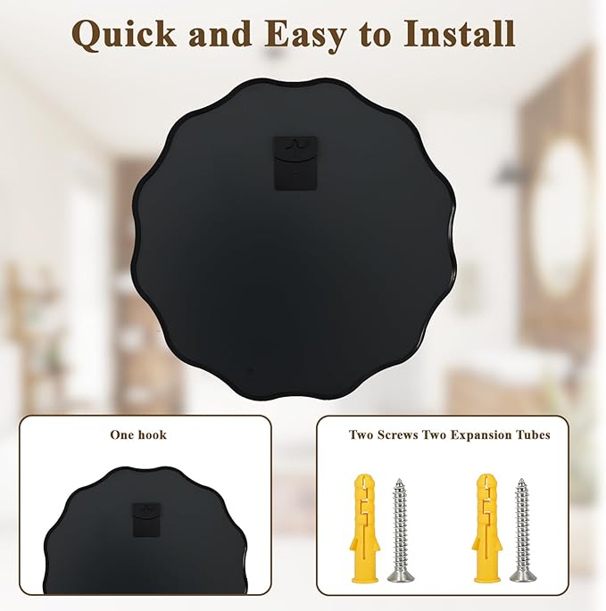 VooBang Black Scalloped Circle Mirror, 20" Wavy Edge Round Wall Mirror with Tempered Glass Textured Circular Metal Deep Frame, Hanging Leaning for Bathroom, Hallway, Entryway, Livng Room - Image 6