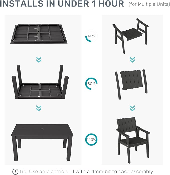 ZHUSI Patio Table and Chairs Set, Outdoor Table and Chairs,HDPE Outdoor Dining Set with Umbrella Hole for Backyard, Poolside, Porch (Black, 5 PCS) - Image 8