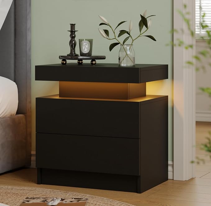 Black LED Nightstand Modern Night Stand for Bedroom Bedside Table with 2 Wood Drawers End Side Table by Unknown