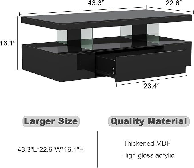 ChooChoo Modern LED Coffee Table, High Glossy Center Table with Drawer, Black Coffee Table with Storage for Living Room, Bedroom