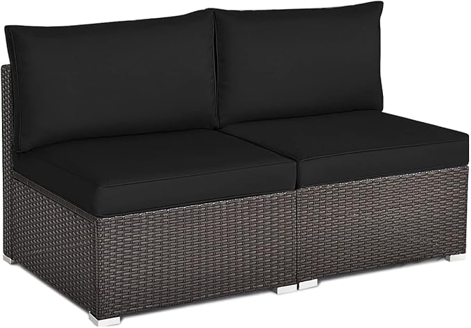 Tangkula 2 PCS Outdoor Wicker Armless Sofa, Patio Rattan Sectional Sofa Set w/2 Thick Seat Cushions and 2 Back Cushions, Additional Seats for Balcony Garden Patio Poolside (Brown)