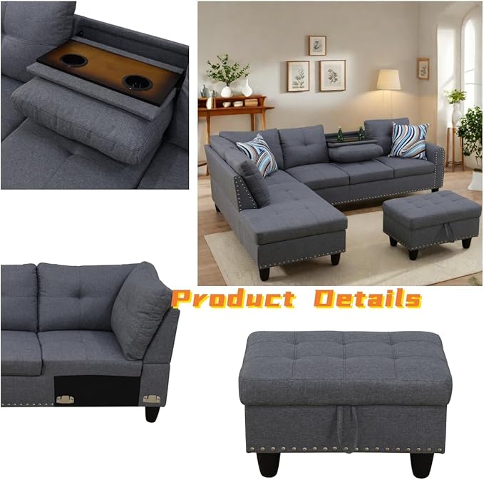 FONTOI L Shaped Sectional Couch with Otttoman, 97" Leather Sectional Sofa for Living Room Modular Couches with Cup Holders for Bedroom, Apartments, Grey