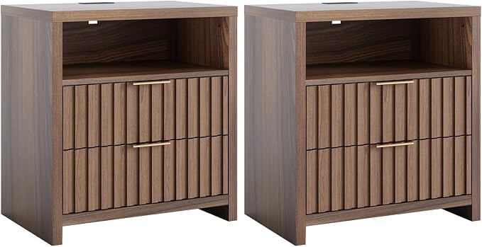 VINGLI Fluted Nightstand Set of 2 with Charging Station, 23.6" W Mid Century Modern Nightstand for Bedroom, 2 Drawer Bedside Table, End Tables Bedroom, Wood Side Table, Brown by VINGLI