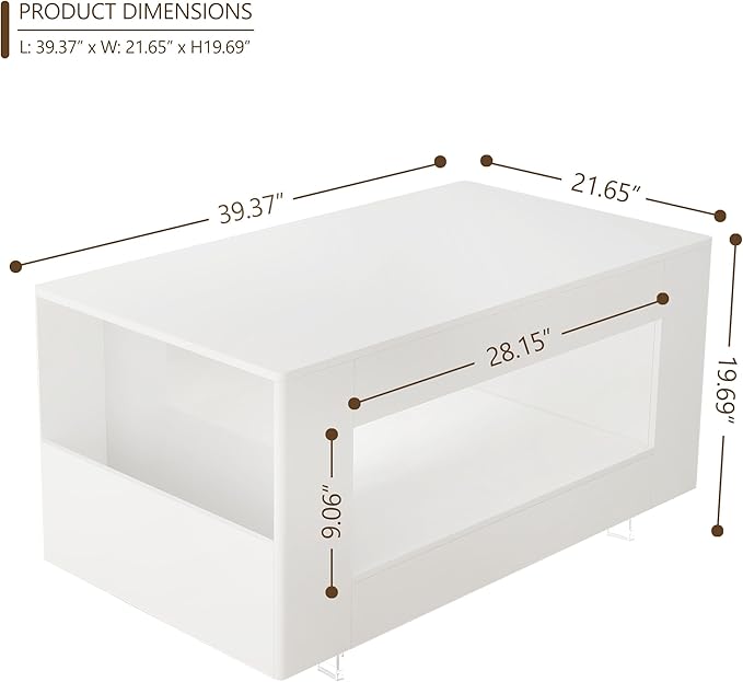 39" High Gloss Wood Coffee Table for Living Room, Sides Storage with Transparent Legs, Modern 2-Tier Storage Shelf Center Table for Home Office, Apartment, White