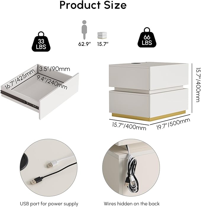 homary Smart Nightstand with LED Light, Wireless Charging Station, USB & Type-C Ports, 2 Drawers – Modern White Bedside Table for Bedroom Storage - Image 2