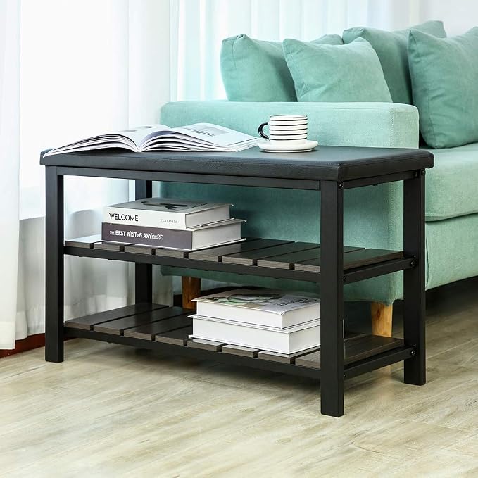 Finnhomy 3-Tier Shoe Rack Bench Cushion. Holds Up to 400 lb Rack, for Entryway, Bedroom, Hallway, Accent Furniturn, Elegant Black Wood - Image 5