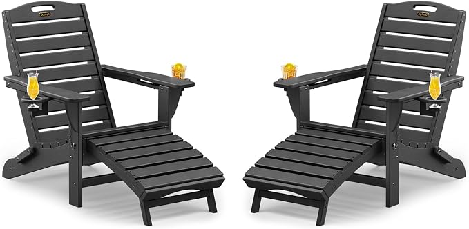 Folding Adirondack Chairs Set of 2,Adirondack Chair with Retractable Ottoman,Plastic Adirondack Chairs with 2 Cup Holder,Weather Resistant Patio Chair,Outdoor Chairs Set of 2(Black) by Suunyn