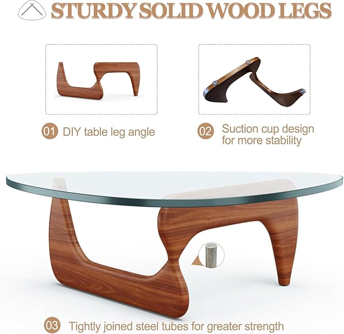 Modern Glass Coffee Table, 45in Large Mid Century Coffee Table, Unique Wooden Triangle Center Tables with Wood Legs, for Bedroom Living Room Reception Office(Walnut Transparent, 45in)