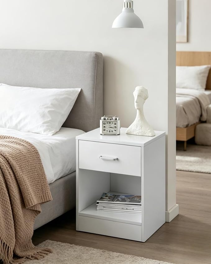 Karl home Nightstands Set of 2 with Drawer for Bedroom, Wood Night Stand Set 2 with Open Shelf, Modern Nightstand Bedside Tables Set of 2, End Table, White - Image 5