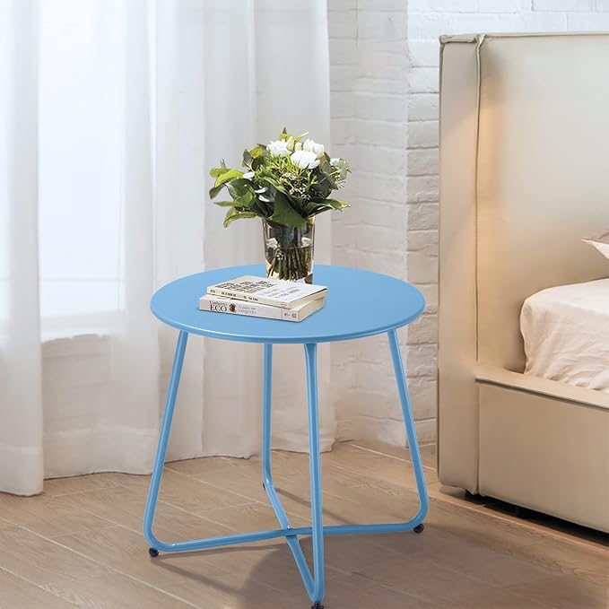 Meluvici Patio Outdoor Side Table Waterproof Round Metal Steel Small Side Table Weather Resistant Portable Outdoor and Indoor End Table for Garden Balcony Yard, Blue - Image 2