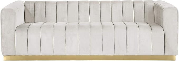 Meridian Furniture 603Cream-S Marlon Collection Modern | Contemporary Velvet Upholstered Sofa with Deep Channel Tufting, Stainless Steel Base in a Brushed Gold Finish, Cream, 86.5" W x 34" D x 28" H