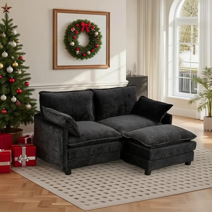 Modular Sectional Cloud Couch, 78" L Shaped Sectional Comfy Couchs for Living Room, 2 Seat Convertible Modular Sofa Couch with Ottomans for Living Room, Apartment, Black