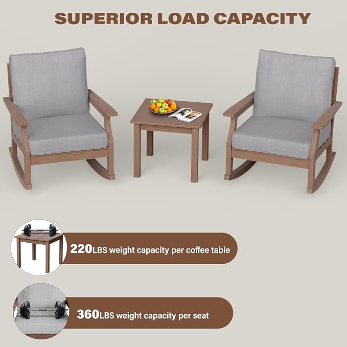 HDPE Patio Conversation Set, 3-Piece All Weather Outdoor Furniture Set with 2 Rocking Sofas for Deck, Lawn, with Cushion, Brown