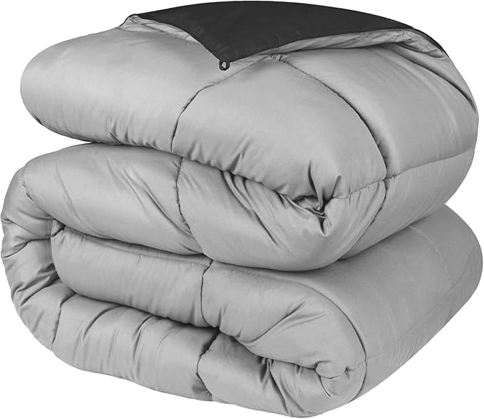 Superior Brushed Microfiber Comforter, Down Alternative Bedding, Medium Weight, Soft Bed Cover, Plush Duvet Insert, Oversized Blanket, Box Quilt, Reversible Comforter, Twin, Black-Grey
