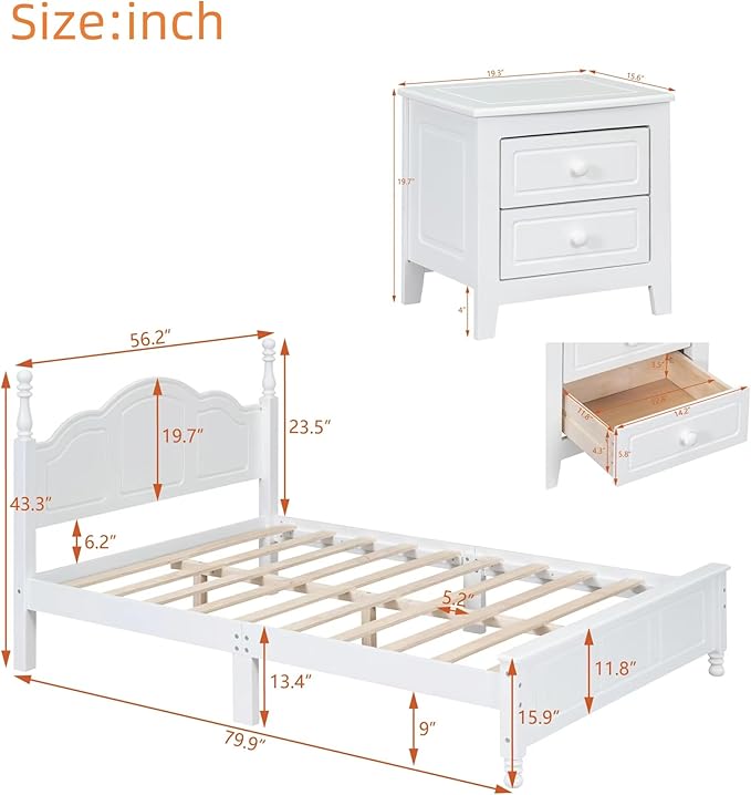 3-Pieces Bedroom Sets, Retro Style Full Size Platform Bed with Wooden Slat Support and Headboard, Wooden Bedroom Furniture Set with 2 Nightstands for Kids Teens Adults Bedroom (White + Wood 078)