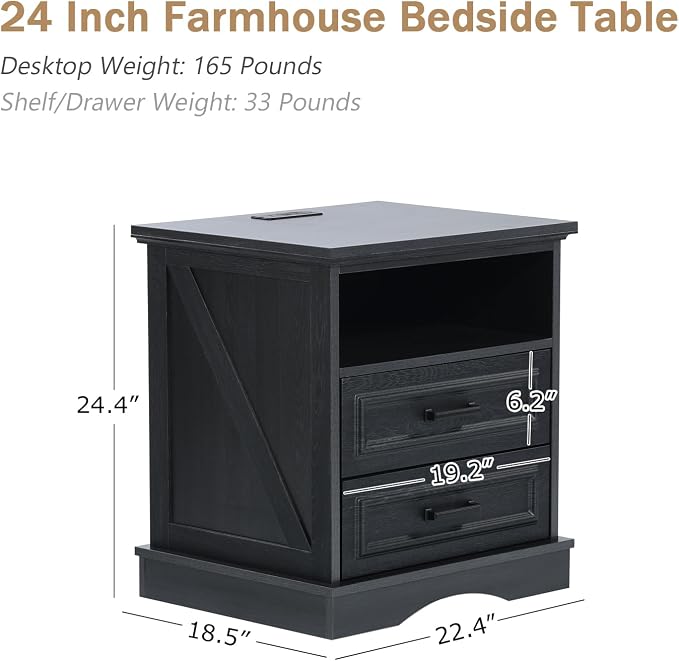 Farmhouse Nightstand with Charging Station, Wood Night Stands with 2 Drawers, 22" Wide End Table with Storage, Black Bedside Cabinet for Bedroom - Image 2