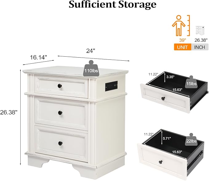 VINGLI Nightstand with Charging Station, 24" W Large Nightstand with 3 Textured Drawers, Bedroom Nightstands w/Curved Legs, Bedside Table, Side Table, Vintage Night Stand, Antique White - Image 2