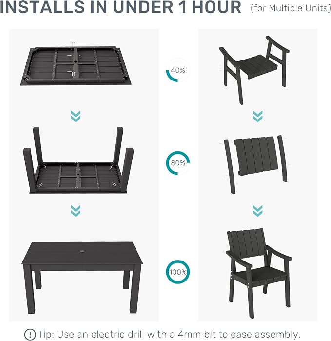 ZHUSI Patio Table and Chairs Set, Outdoor Table and Chairs,HDPE Outdoor Dining Set with Umbrella Hole for Backyard, Poolside, Porch (Black, 7 PC) - Image 8