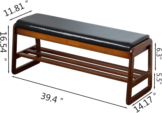 Solid Wood Shoe Bench, 2-Tier Entryway Bench with Cushion and Flip-Open Storage Box, Mid-Century Modern Shoe Bench Rack for Hallway, Mudroom(Black, 39.4'') - Image 2