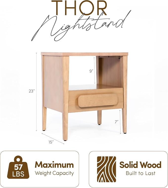 Modern Nightstand, Sustainable Hevea Wood Frame - Bedside Table - Solid Wood End Table with Ball Bearing Slide - Drawers Real Wooden Cabinet Organizer for Bedroom (Light Oak) - Image 2